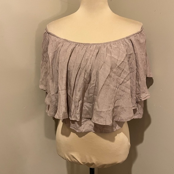 TALULAH Tops - TALULAH Off-Shoulder  layered Cropped Flowy Blouse in Soft Taupe, size M